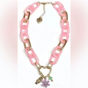 Betsey Johnson Pink & Gold Toned Chain Necklace w/ charms